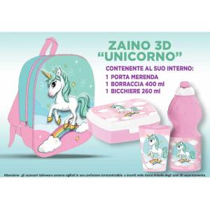 UNICORNO ZAINO 3D ASILO CM 30 CON ACCESSORI PORTAMERENDA,BORRACCIA 400 ML,BICCHIERE 260 ML