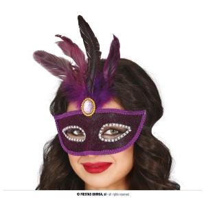 MASCHERA VIOLA CON PIUME CARNEVALE