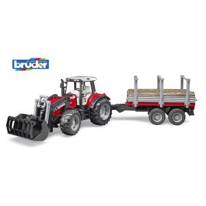 BRUDER TRATTORE MASSEY FERGUSON 7480 CON RIMORCHIO TRASPORTO TRONCHI