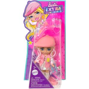 BARBIE EXTRA MINI MINIS, BAMBOLA BIONDA CON BASCO E GIACCA IN STILE COLLEGE, BORSETTA A FORMA DI ORSACCHIOTTO GOMMOSO