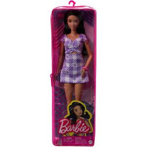 BARBIE FASHIONISTAS - BAMBOLA MORA CON VESTITO QUADRI VIOLA E BIANCO