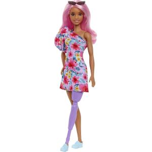 BARBIE FASHIONISTAS -189  BAMBOLA CAPELLI ROSA CON ABITO A FIORI E GAMBA PROTESICA