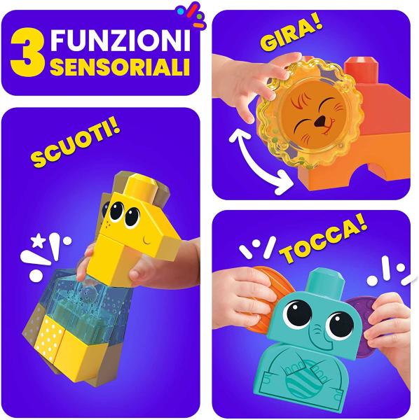 MEGA BLOKS SENSORY SAFARI 15 MATTONCINI SENSORIALI LEONE GIRAFFA ELEFANTE