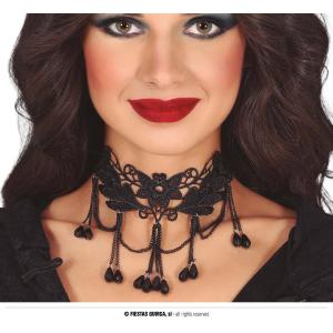 COLLANA CHOKER NERO CON FIORI E PIETRE