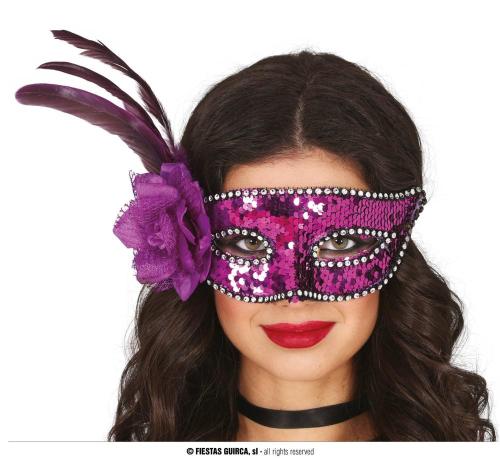 MASCHERA PAILLETTES VIOLA CON FIORE E PIUME