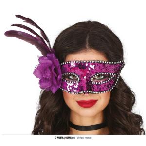 MASCHERA PAILLETTES VIOLA CON FIORE E PIUME 