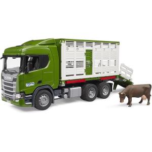 BRUDER SCANIA SUPER 560R CAMION TRASPORTO BESTIAME CON UN BOVINO