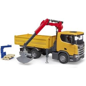 BRUDER SCANIA SUPER 560R CAMION RIBALTABILE CON GRU E PALLET