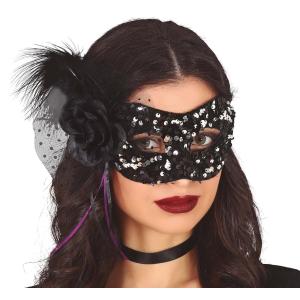 MASCHERA CON PAILLETTES NERE E ARGENTO E FIORE