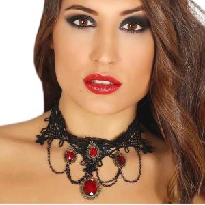 GIROCOLLO COLLANA GOTICA EFFETTO PIZZO CON PIETRE ROSSE RUBINO VAMPIRA