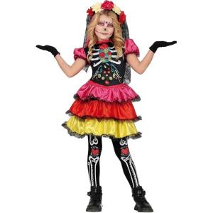 COSTUME GIORNO DEI MORTI CATRINA ABITO SCHELETRO MULTICOLORE TAGLIA 10-12 ANNI