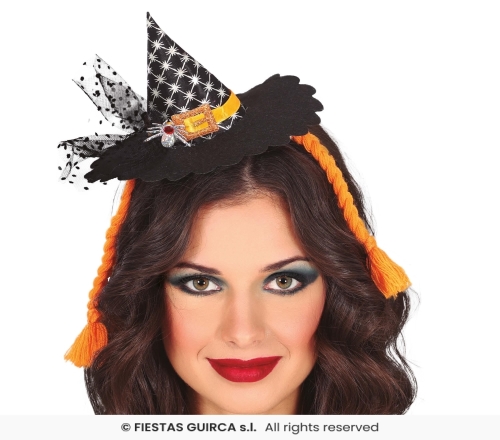 CERCHIETTO MINI CAPPELLO STREGA / TRECCE ARANCIONI