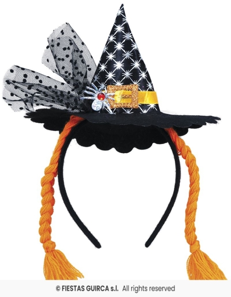 CERCHIETTO MINI CAPPELLO STREGA / TRECCE ARANCIONI