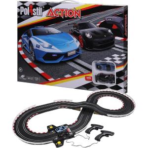POLISTIL ACTION - PISTA ELETTRICA CON 2 SLOT CAR LAMBORGHINI HURACAN POLIZIA E PORSCHE 911 GT3, SCALA 1:43