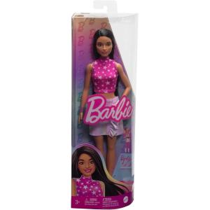 BARBIE FASHIONISTAS BAMBOLA CON CAPELLI LISCI NERI TOP ROSA E GONNA BIANCA
