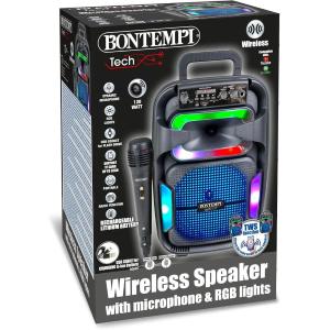 AMPLIFICATORE WIRELESS KARAOKE CON MICROFONO DINAMICO ED EFFETTI LUMINOSI