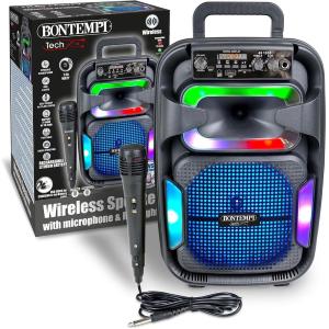 KARAOKE CASSA TROLLEY AMPLIFICATORE WIRELESS CON MICROFONO DINAMICO ED EFFETTI LUMINOSI