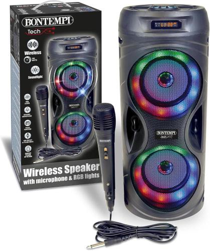 AMPLIFICATORE WIRELESS KARAOKE CON MICROFONO DINAMICO ED EFFETTI LUMINOSI 41,4x18,8x18,8 CM