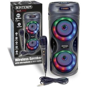 AMPLIFICATORE WIRELESS KARAOKE CON MICROFONO DINAMICO ED EFFETTI LUMINOSI 41,4x18,8x18,8 CM