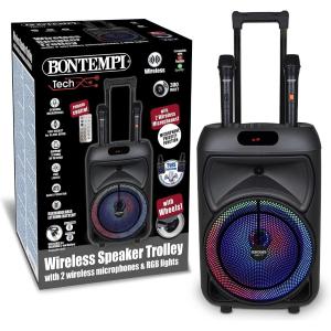 KARAOKE CASSA TROLLEY ACUSTICA WIRELESS CON 2 MICROFONI LUCI RGB FUNZIONI TWS 48X29X24 CM