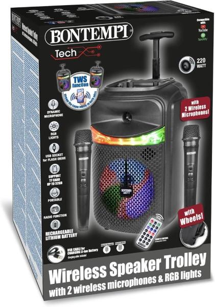 KARAOKE CASSA TROLLEY ACUSTICA WIRELESS CON 2 MICROFONI LUCI RGB FUNZIONI TWS 39.5x22.5x19 CM