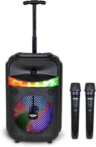 KARAOKE CASSA TROLLEY ACUSTICA WIRELESS CON 2 MICROFONI LUCI RGB FUNZIONI TWS 39.5x22.5x19 CM