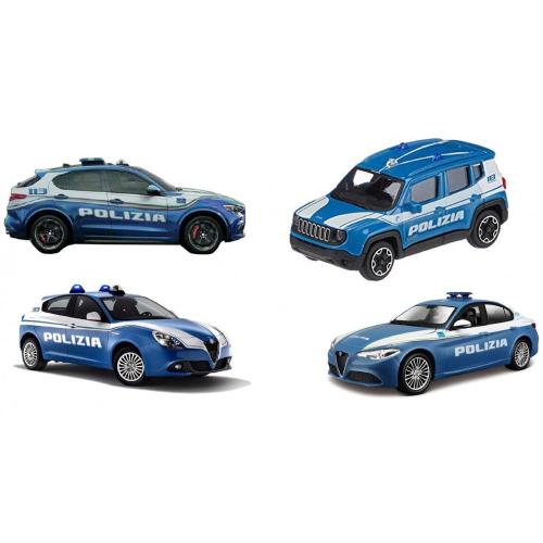 AUTO BBURAGO POLIZIA IN SCALA 1:43 ALFA ROMEO GIULIA ,STELVIO E DEFENDER