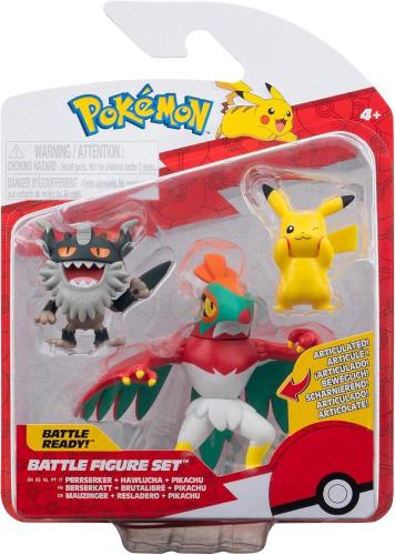 POKEMON BATTLE FIGURE SET 3 PERSONAGGI - PERRSERKER + HAWLUCHA + PIKACHU