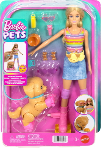 BARBIE E CUCCIOLO SUI PATTINI BAMBOLA BIONDA CON CAGNOLINO