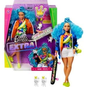 BARBIE EXTRA - BAMBOLA CON CAPELLI RICCI AZZURRI, CUCCIOLO E ACCESSORI