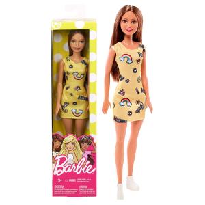 BARBIE TRENDY CASTANA ABITO GIALLO CON DIVERTENTI ICONE