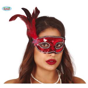 MASCHERA PAILLETTES ROSSI CON PIUMA