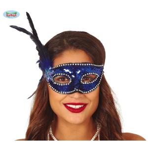 MASCHERA PAILLETTES BLU CON PIUMA