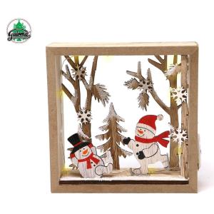 QUADRETTO NATALE IN LEGNO PUPAZZO DI NEVE CON LED 16 CM