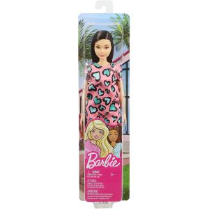 BARBIE - BAMBOLA CON CAPELLI CASTANI, ABITO ROSA CON CUORICINI AZZURRI