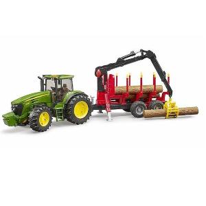 BRUDER TRATTORE JOHN DEERE 7R 350 CON BENNA E RIMORCHIO TRASPORTO TRONCHI