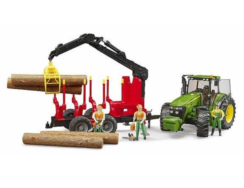 BRUDER TRATTORE JOHN DEERE 7R 350 CON BENNA E RIMORCHIO TRASPORTO TRONCHI