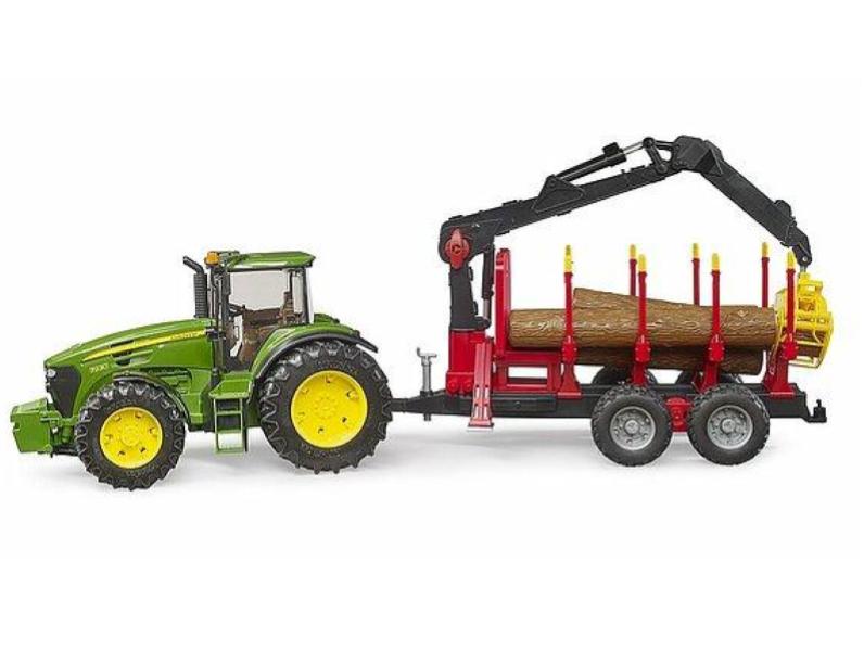 BRUDER TRATTORE JOHN DEERE 7R 350 CON BENNA E RIMORCHIO TRASPORTO TRONCHI