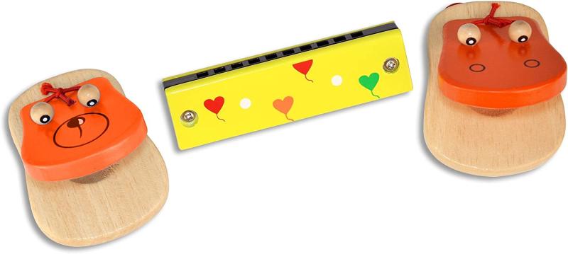 CASTAGNETTE E ARMONICA IN LEGNO COLORATO ASS.